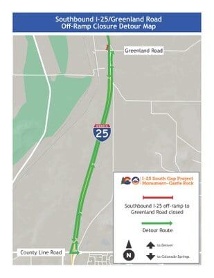 Southbound I-25/Greenland Road offramp closure detour map